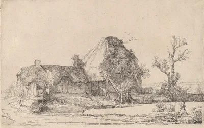 Stugor och gårdsbyggnader med en man som skissar, ca. 1645.