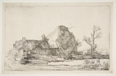 Stugor och gårdsbyggnader med en man som skissar, ca. 1645.