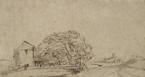 Gårdsbyggnad bredvid en väg med avlägsen bondgård, 1650-69 (penna & brunt bläck med grått på papper)
