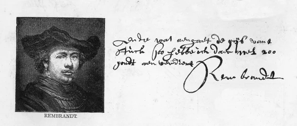 Rembrandts handstil och underskrift från ett brev till Constantijn Huygens med begäran om betalning av en skuld, ca 1640