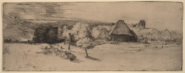 Landskap med träd, lantbruksbyggnader och ett torn