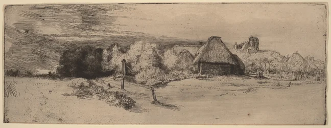 Landskap med träd, lantbruksbyggnader och ett torn