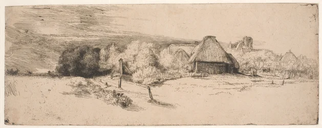 Landskap med träd, lantbruksbyggnader och ett torn