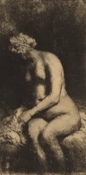 Naken sittande på en bänk med en kudde Kvinna som badar sina fötter vid en bäck, 1658.