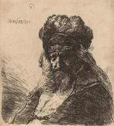 Gammal skäggig man i en hög pälsmössa, med slutna ögon, ca. 1635.