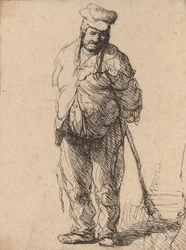 Trasig bonde med händerna bakom sig, håller en pinne, ca. 1630.