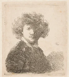 Rembrandt utan huvudbonad, med tjockt lockigt hår och en liten vit krage: byst