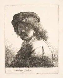 Rembrandt med mössa och halsduk: ansiktet i skugga: byst