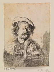 Rembrandt i en platt keps och en broderad klänning