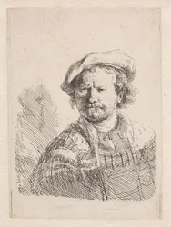 Rembrandt i platt keps med en sjal om axlarna