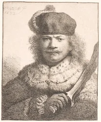 Rembrandt med upplyft sabel: halvfigur