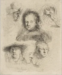 Rembrandts fru och fem andra huvuden, 1636.