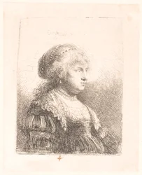 Rembrandts hustru Saskia, med pärlor i håret, byst