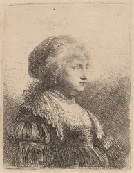 Saskia med pärlor i håret, 1634