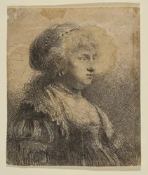 Saskia med pärlor i håret, 1634.