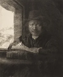 Självporträtt Etsning vid ett fönster, 1648., 1648.