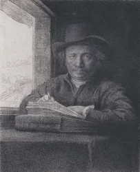 Självporträtt, etsning vid ett fönster, 1648