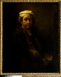 Självporträtt vid staffliet. Målning av Rembrandt Harmenszoon van Rijn, kallad Rembrandt (1606-1669), holländsk skola