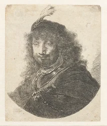 Självporträtt med plymerad basker, efter 1634.