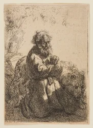 St. Jerome knäböjer i bön och tittar ner