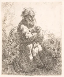 St. Hieronymus knäböjer i bön och tittar ner