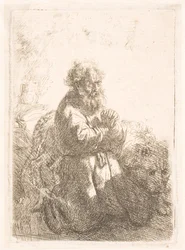 St. Hieronymus knäböjer i bön och tittar ner