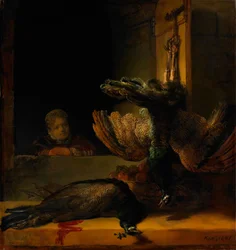 Stilleben med två påfåglar och en flicka, omkring 1639