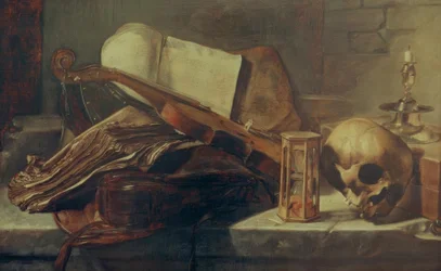 Stilleben med böcker, violin, dödskalle och timglas