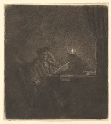 Student vid ett bord vid levande ljus, ca. 1642.