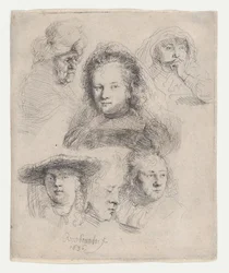 Studier av cheferna för Saskia och andra, 1636., 1636.