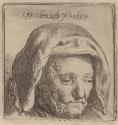 Konstnärens mor i en huvudbonad av tyg, tittar ner, 1633.