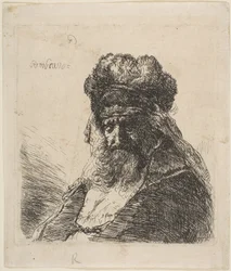 Den gamla skäggige mannen i en hög pälsmössa, med slutna ögon, ca. 1635.