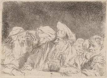 Fariséerna debatterar fragment från de hundra gulden trycket, ca. 1649.