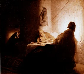 Måltidet i Emmaus. Kristus visar sig för pilgrimerna som sitter vid ett bord på ett värdshus i Emmaus. Målning av Harmensz van Rijn, kallad Rembrandt (1606-1669), 1628-1629. Olja, 21,5 x 16,5 cm. Paris, Musée Jacquemart-André