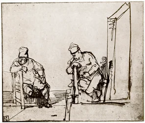 Två män som sitter vid en dörröppning, 1913.