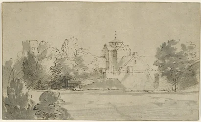 Utsikt över Mariakerk i Utrecht från söder, ca 1652 (penna och bläck med tvätt på papper)