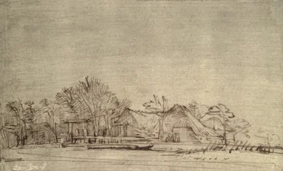 Vinterlandskap med stugor bland träd, ca 1650 (rörpenna och brunt bläck)