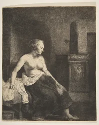 Kvinna som sitter halvklädd bredvid en spis, 1658.