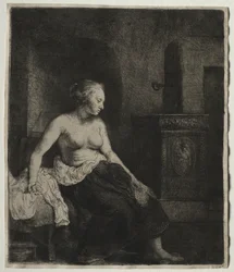 Kvinna som sitter halvklädd bredvid en spis, 1658.