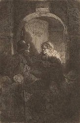 Kvinna vid en dörrlucka talar med en man och barn Skolmästaren, 1641.
