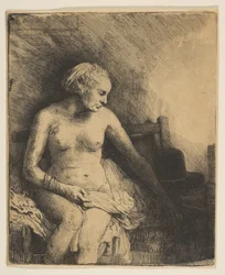 Kvinna vid badet med en hatt bredvid henne, 1658.