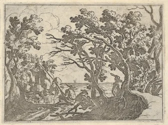Landskap med landfiskare och manlig åskådare under träd, en man i en båtbåge..., ca. 1620-50.