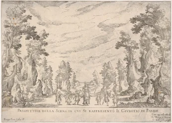 Utsikt över scenen där domen i Paris representeras Prospettiva della scena i..., 1608.