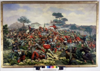 Risorgimento: slaget vid Calatafimi på Sicilien i motstånd mot trupperna från Giuseppe Garibaldi (1807-1882), Tusen har armén av kungariket av de två Sicilien, 15/05/1860 målning av Remigio Legat. Museo del Risorgimento. Milano