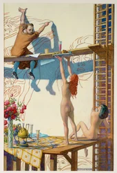 Klimt arbetar med sin väggmålning Filosofi för huvudhallen på Wiens universitet ... (akvarell)