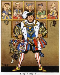 Kung Henrik VIII dekorerar porträtten av sina fruar med hassel, mistel och en krans till jul, 1936