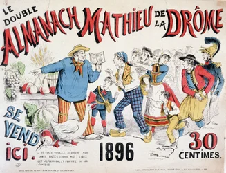 Reklamaffisch för Almanach Mathieu de la Drôme 1896 (en bonde som ger skördråd till folkmassan som rusar på boken), 30 cent.
