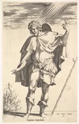 Empedokles, stående frontalt med huvudet vänt i trekvartsvy, dirigerar ..., ca. 1545-63.