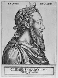 Porträtt av Clement des Marets kallad Marot (1496-1544), fransk poet - Clement Marotius poeta gallicus gravyr av Rene Boyvin 1576 -