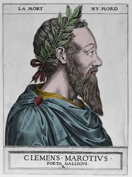 Porträtt av Clement des Marets kallad Marot (1496-1544), fransk poet - Clement Marotius poeta gallicus gravyr av Rene Boyvin 1576 -